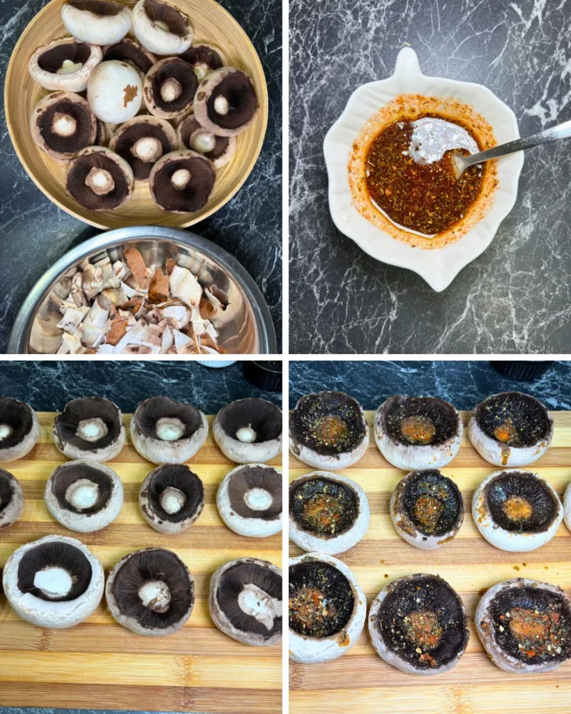 Four-step collage showing cleaned mushrooms with stems removed, a garlic and herb oil mixture, and mushroom caps brushed with seasoning before stuffing with mozzarella.