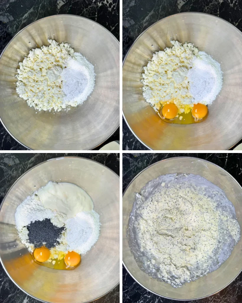 Step-by-step collage showing cottage cheese mixed with eggs, sugar, Greek yogurt, cornstarch, and poppy seeds for a marble pumpkin casserole.