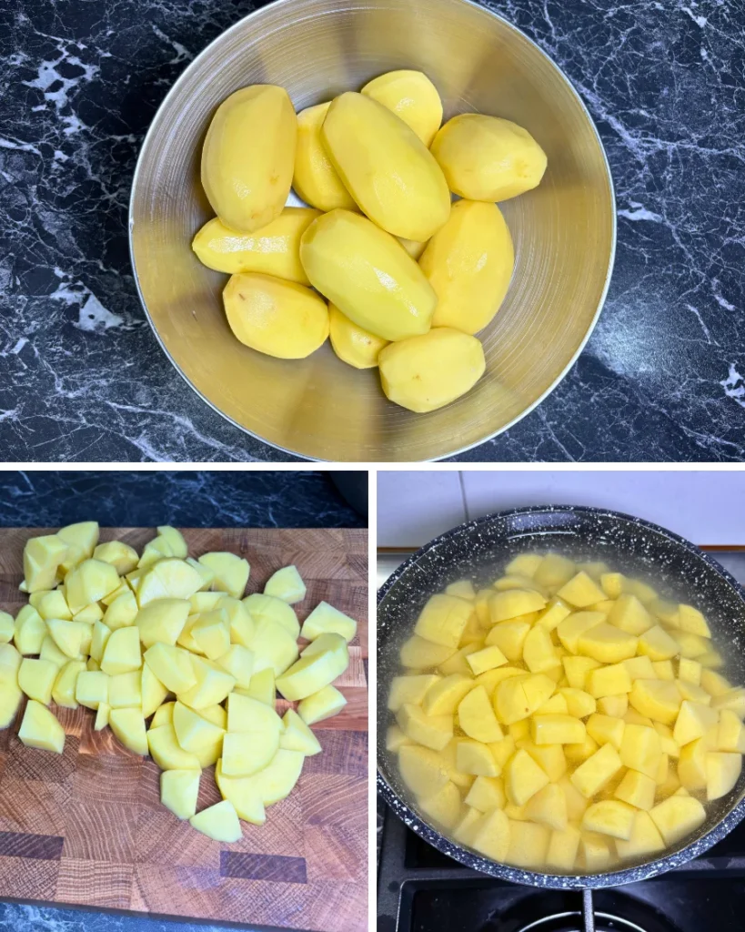 Three-step collage showing peeled potatoes in a bowl, potatoes cut into cubes, and diced potatoes boiling in a pot for mashed potato casserole.