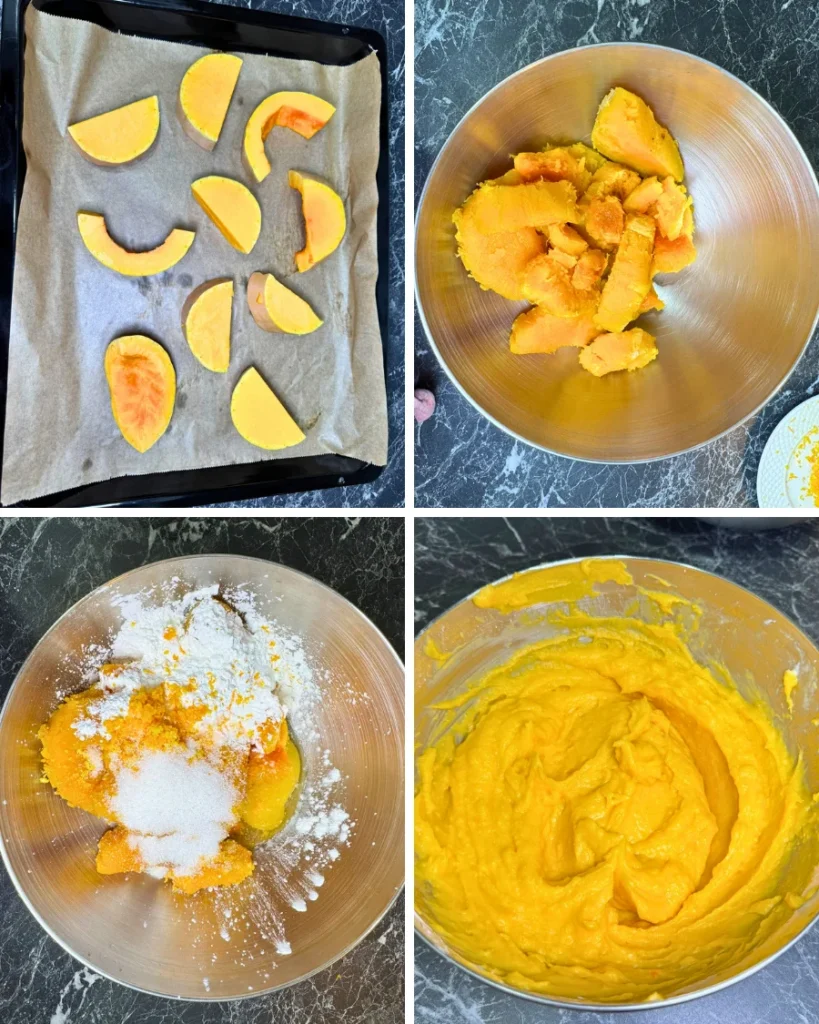 Four-step collage showing pumpkin slices on a baking tray, roasted pumpkin mixed with eggs, sugar, orange zest, and cornstarch, then blended into a smooth puree.