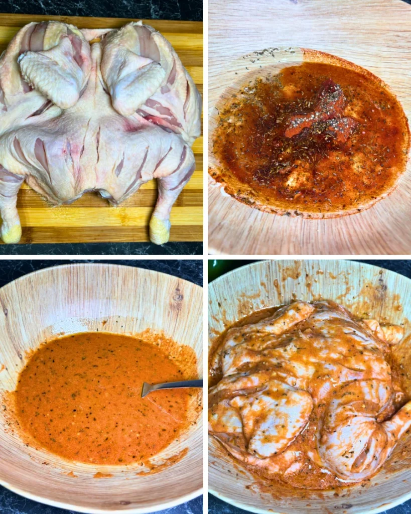Four-step collage showing a flattened whole chicken, homemade paprika marinade, and raw chicken coated in marinade before refrigeration.