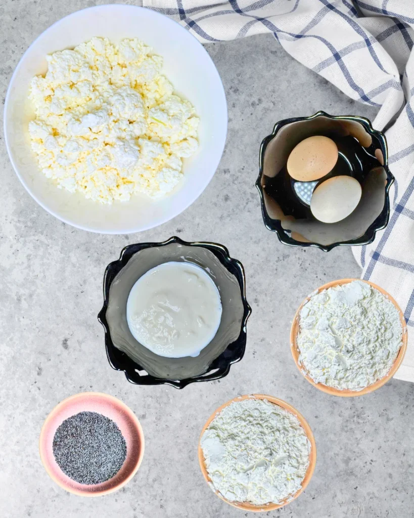 Cottage cheese, eggs, Greek yogurt, cornstarch, sugar, and poppy seeds arranged in bowls for the creamy filling of a pumpkin casserole.
