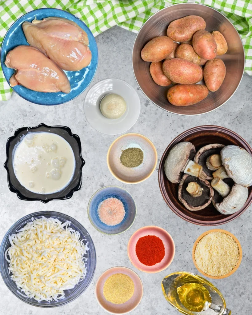 Ingredients for chicken and mushroom potato casserole, including chicken breasts, potatoes, mushrooms, cream, shredded cheese, oil, and seasonings.