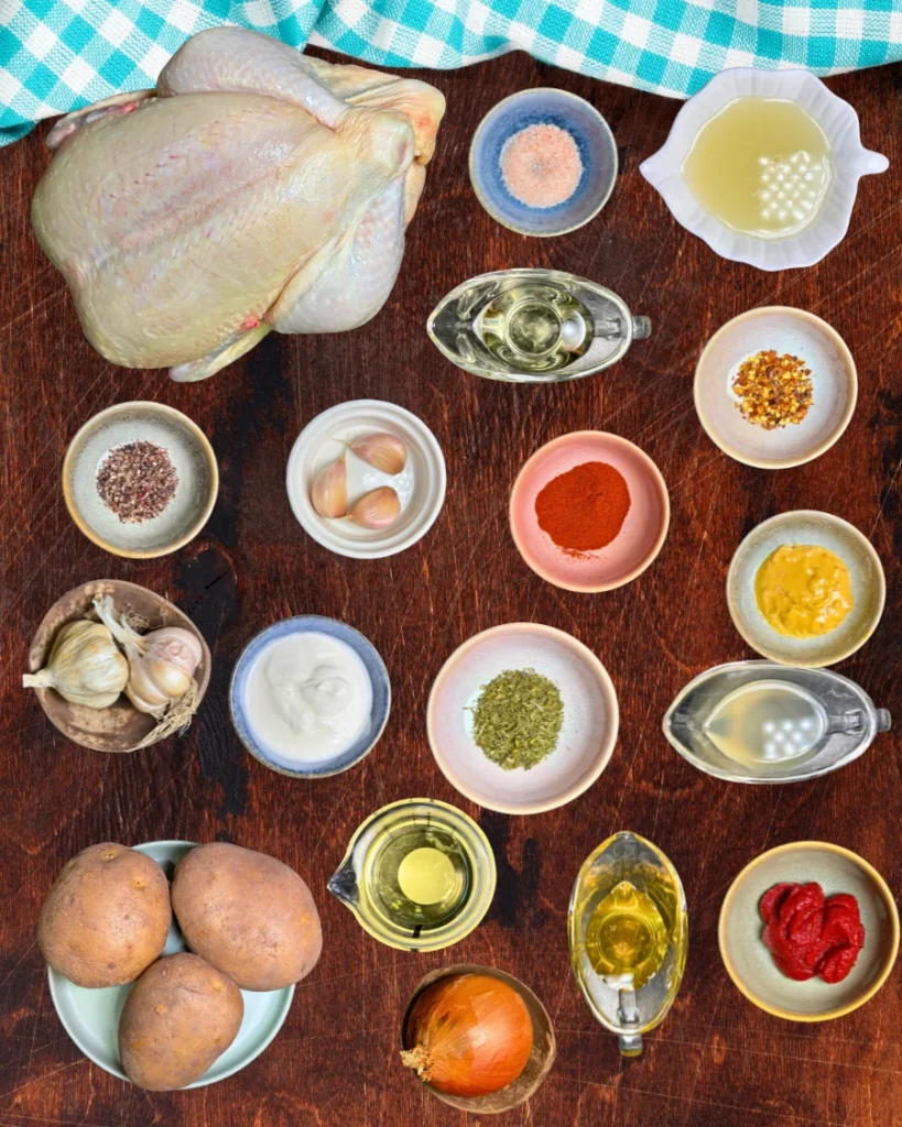 Ingredients for oven-baked marinated whole chicken, including raw chicken, potatoes, onion, garlic, yogurt, tomato paste, mustard, honey, lemon juice, vegetable oil, and spices.