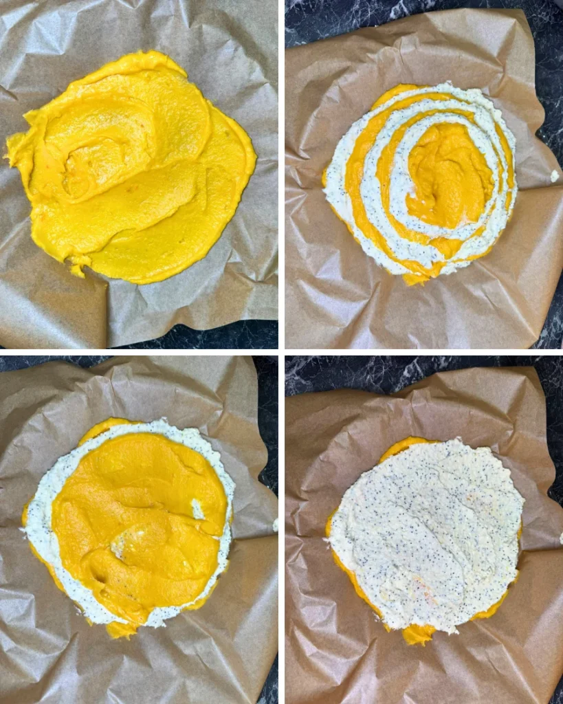 Four-step collage showing creamy pumpkin puree and cottage cheese mixture layered alternately on parchment paper to create a marble pumpkin casserole.
