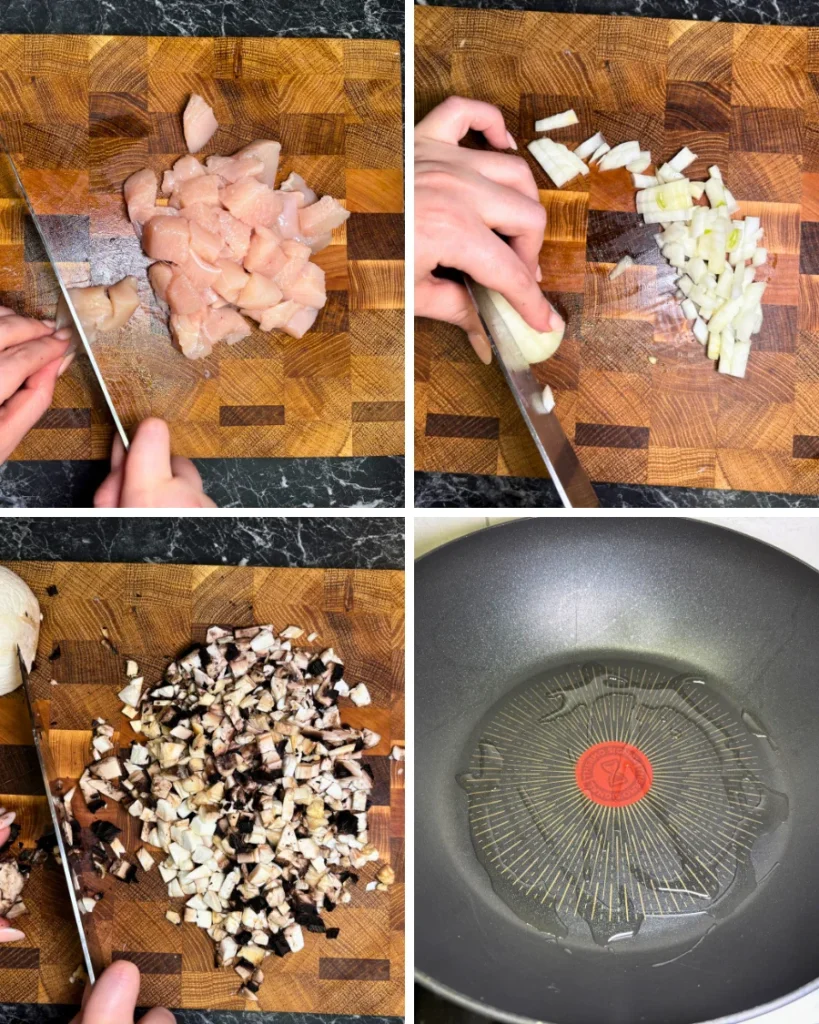 Step-by-step collage showing raw chicken breast cut into cubes, chopped onions, diced mushrooms, and vegetable oil heating in a skillet.