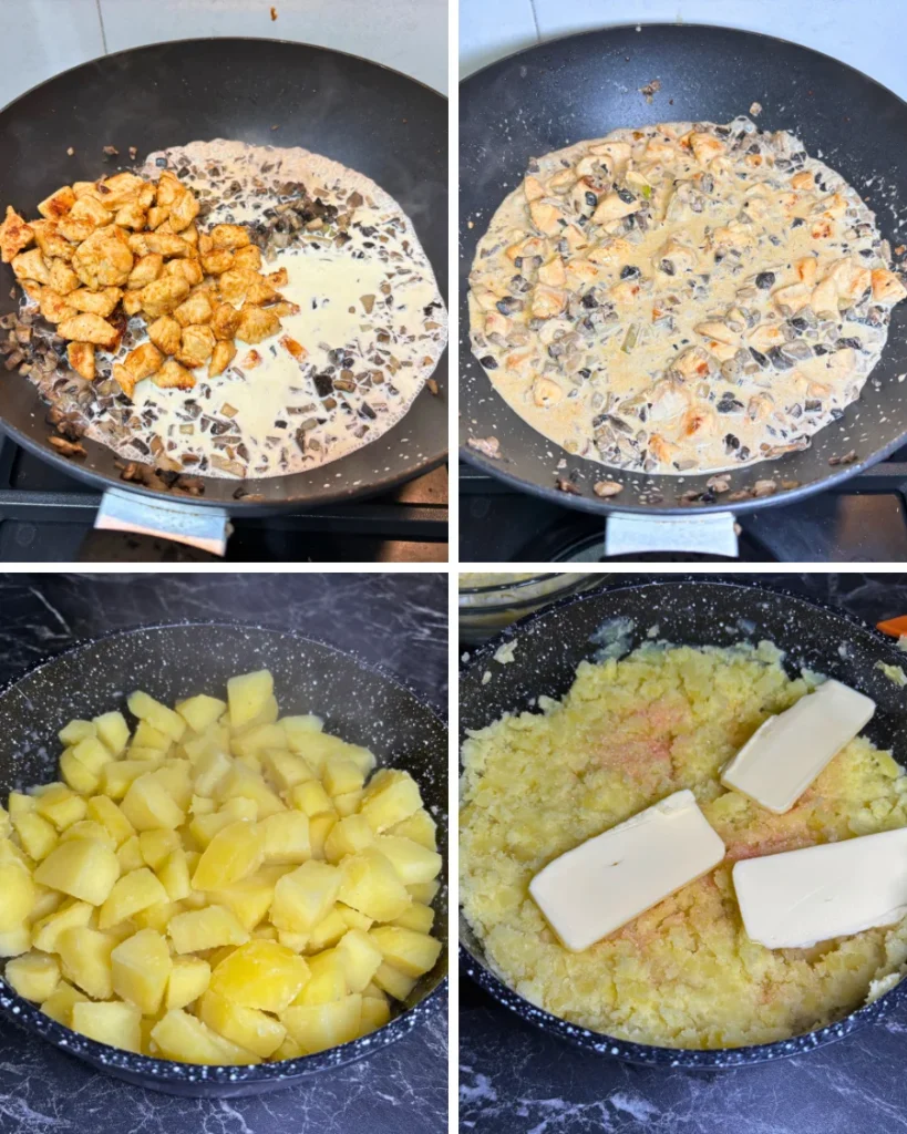 Four-step collage showing cooked chicken mixed with creamy mushroom sauce, boiled potatoes being mashed, and butter added to the potatoes.