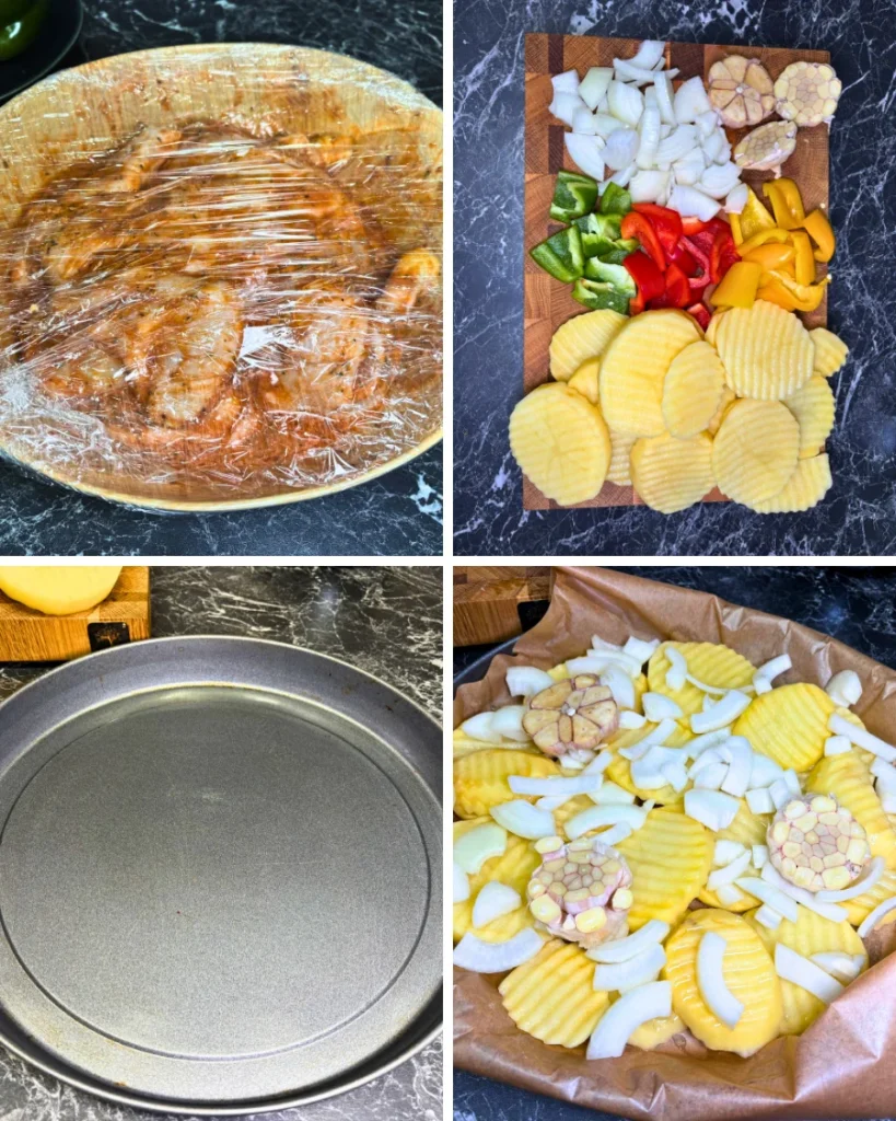 Step-by-step collage showing marinated chicken covered in plastic wrap, chopped potatoes, bell peppers, onions, garlic, and vegetables arranged in a baking tray.