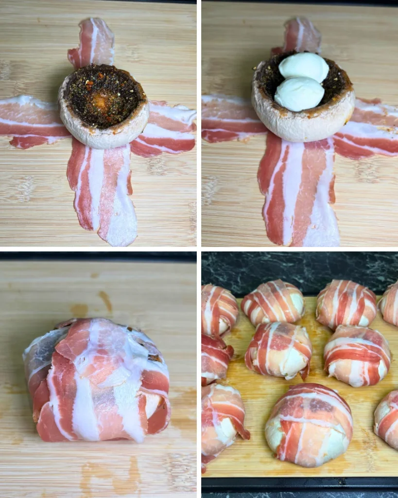 Step-by-step photos showing seasoned mushrooms stuffed with baby mozzarella balls, wrapped in bacon, and prepared for baking.
